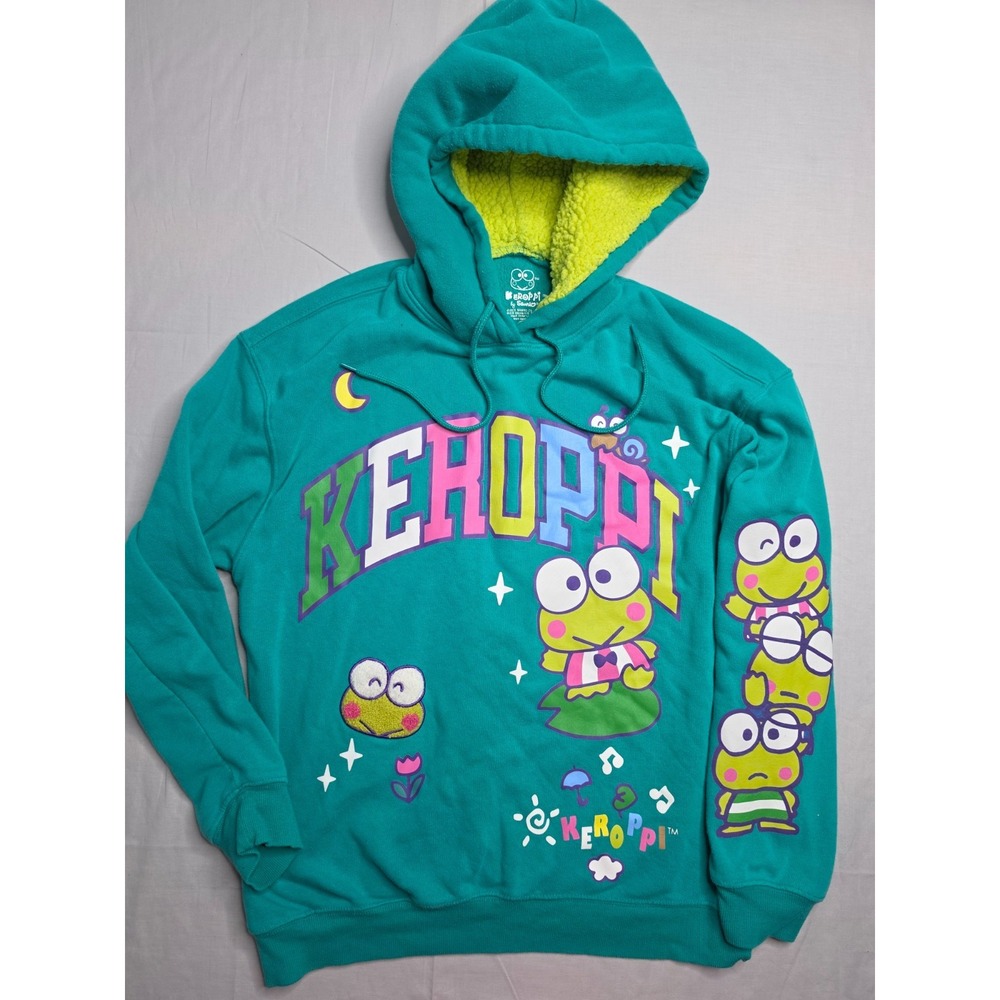 Sanrio Keroppi Hoodie Women's M Teal Graphic Sherpa Lined Long Sleeve Pullover